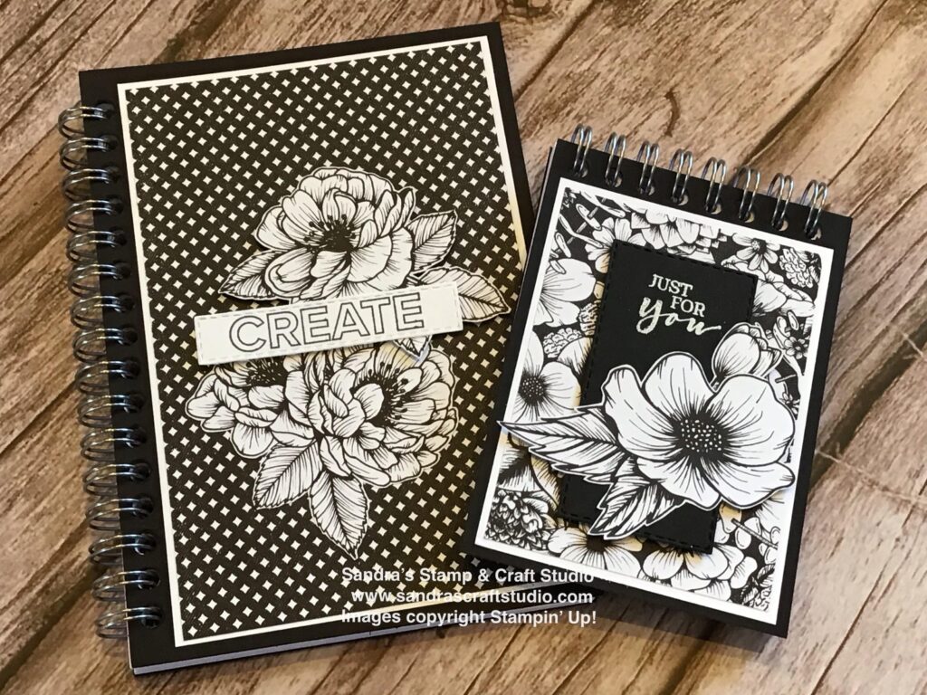 Monochrome A7 & A6 size Covered Notebooks using True Love Designer Series Papers from Stampin' Up!