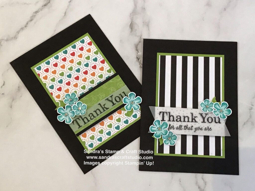 Pair of Handmade cards created using Pattern Party Designer Series Papers. Ask me how bumper 48-sheet 12" pack could be yours FREE