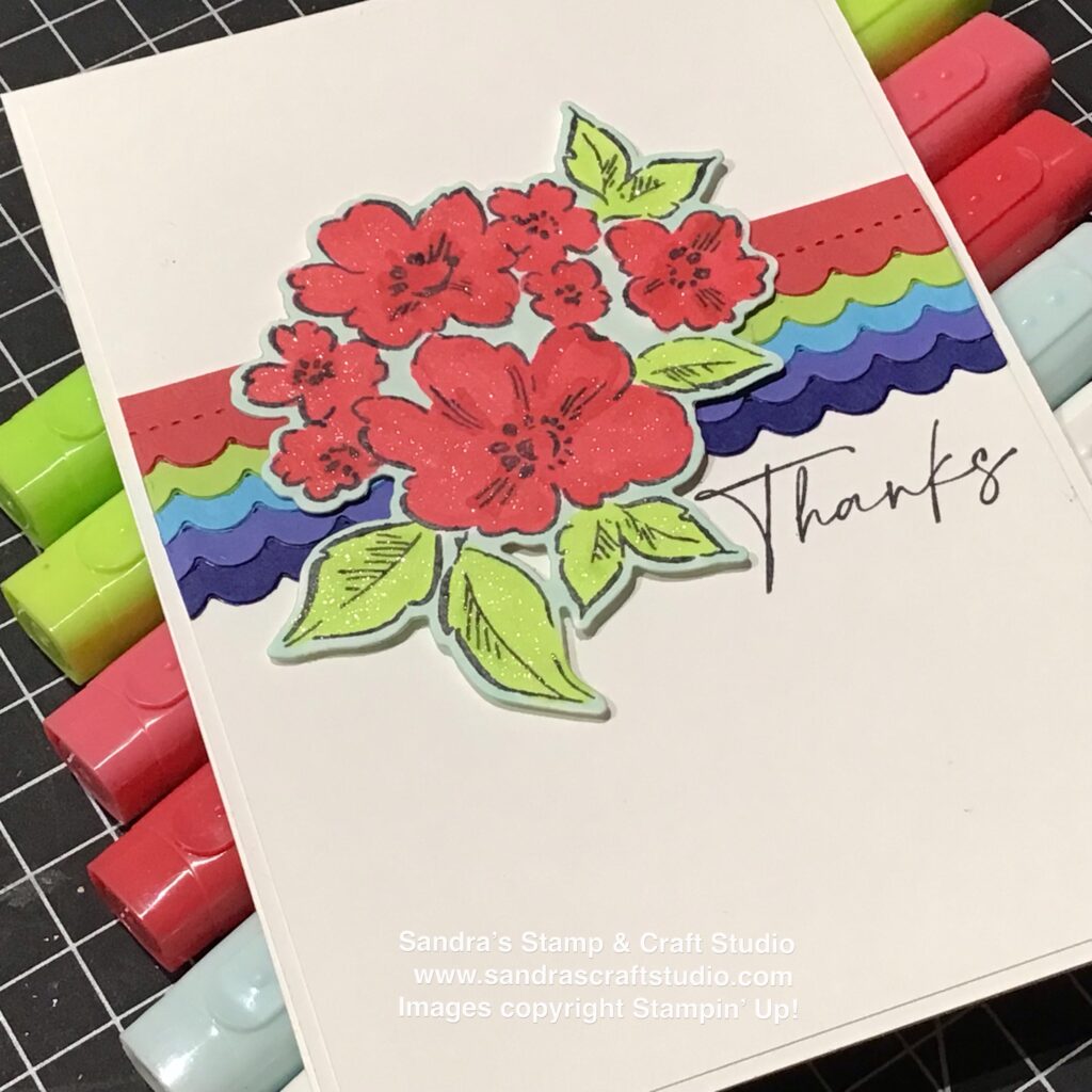 Hand-Penned Floral card with scalloped strips in New In-Colours 2022-2024