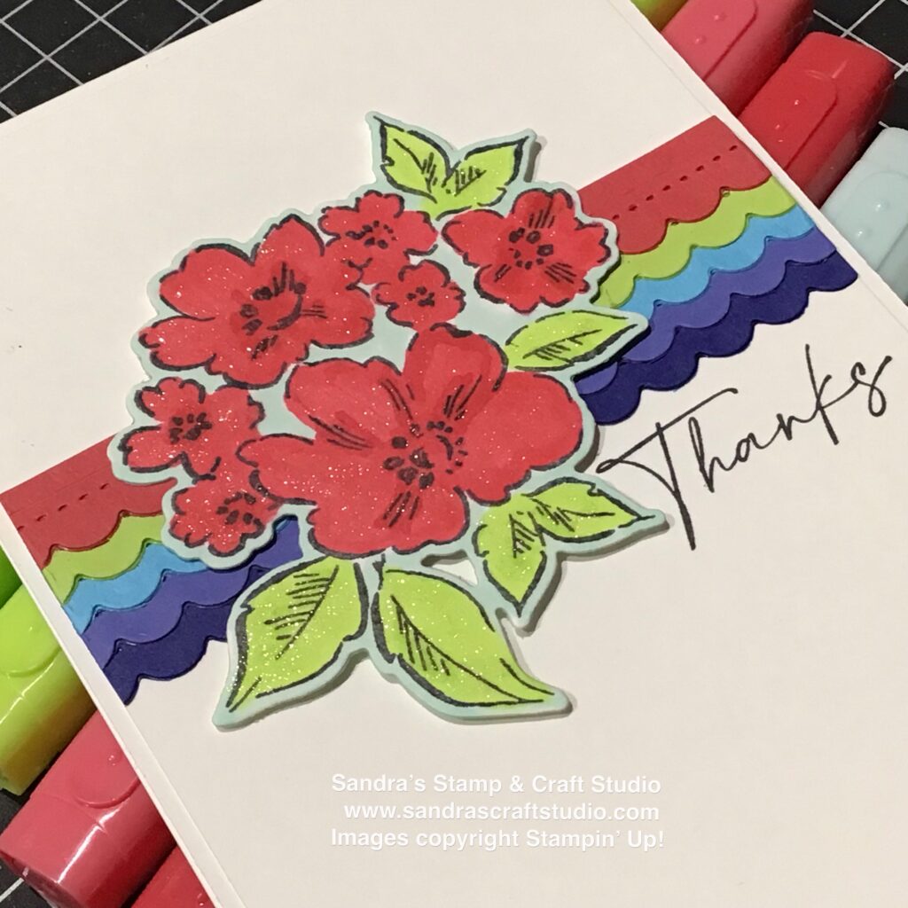 Hand-Penned Floral card with scalloped strips in New In-Colours 2022-2024